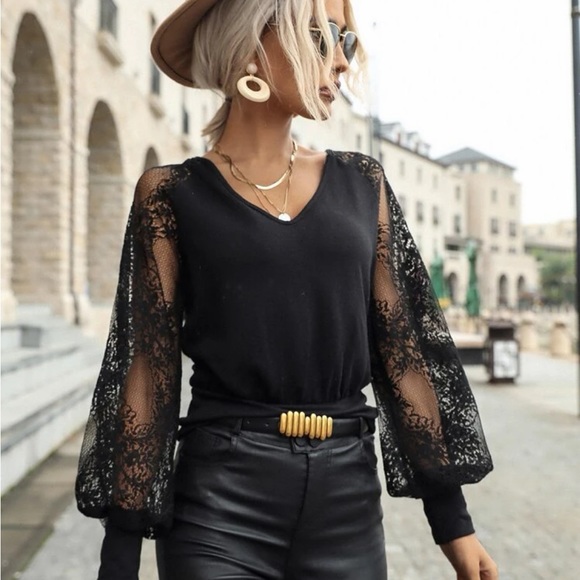 New Sheer Mesh Floral Lace Tie Back Lantern Sleeve Top - Picture 3 of 6